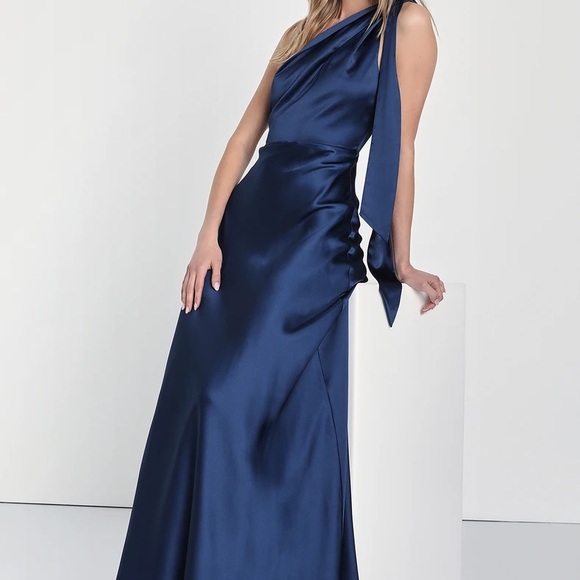 Lovely Refinement Navy Blue Satin Cutout One-Shoulder Maxi Dress - Picture 2 of 4